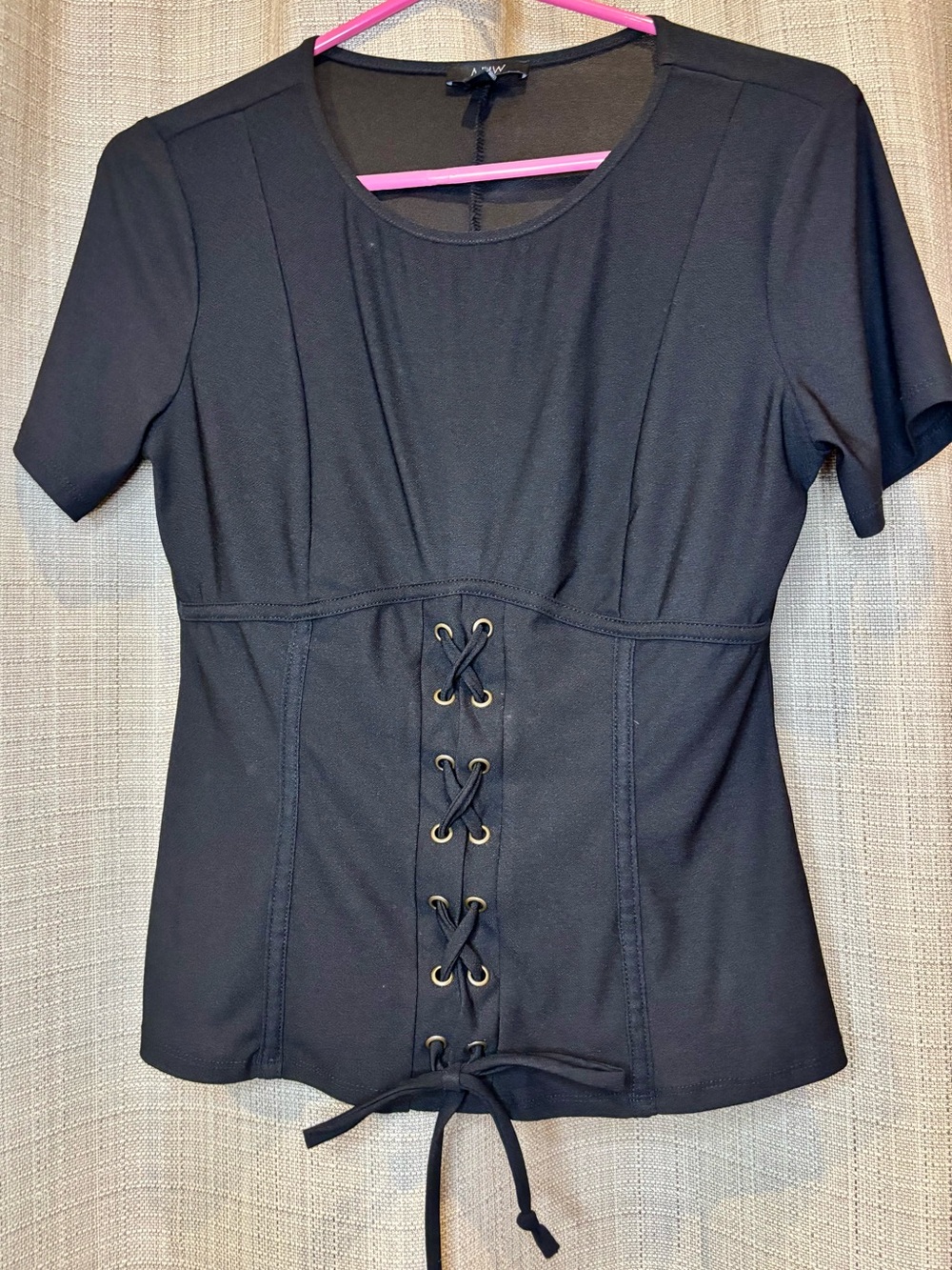 AUW Black Short-Sleeve Lace-Up Waist blouse Medium